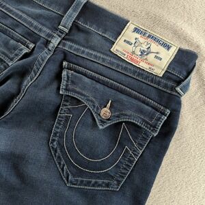 True Religion Jeans Mens 32x34 Blue Dark Wash Straight Contrast Stitching Y2K